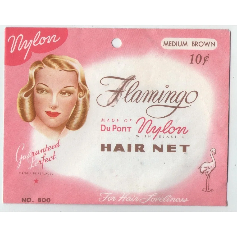 Vtg 1947 Flamingo Hair Net NIP Nylon Medium Brown Great Graphics